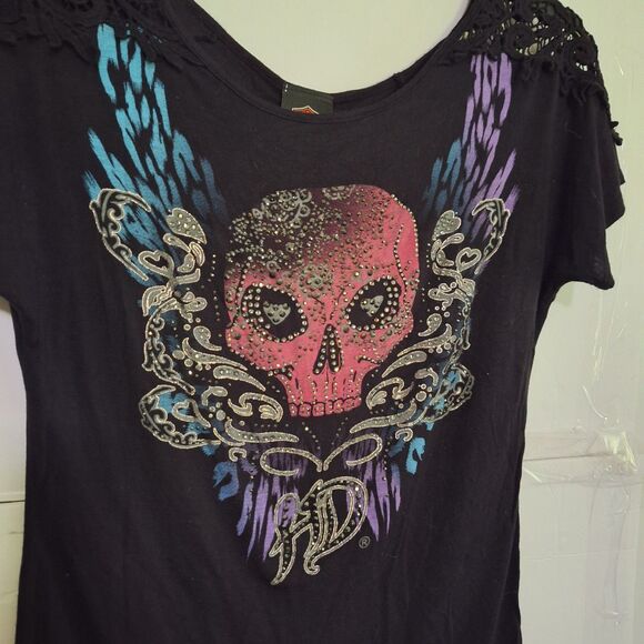 Harley Davidson Women's Graphic T-Shirt Skull Studded Sparkly Lacey Size M - Picture 2 of 10